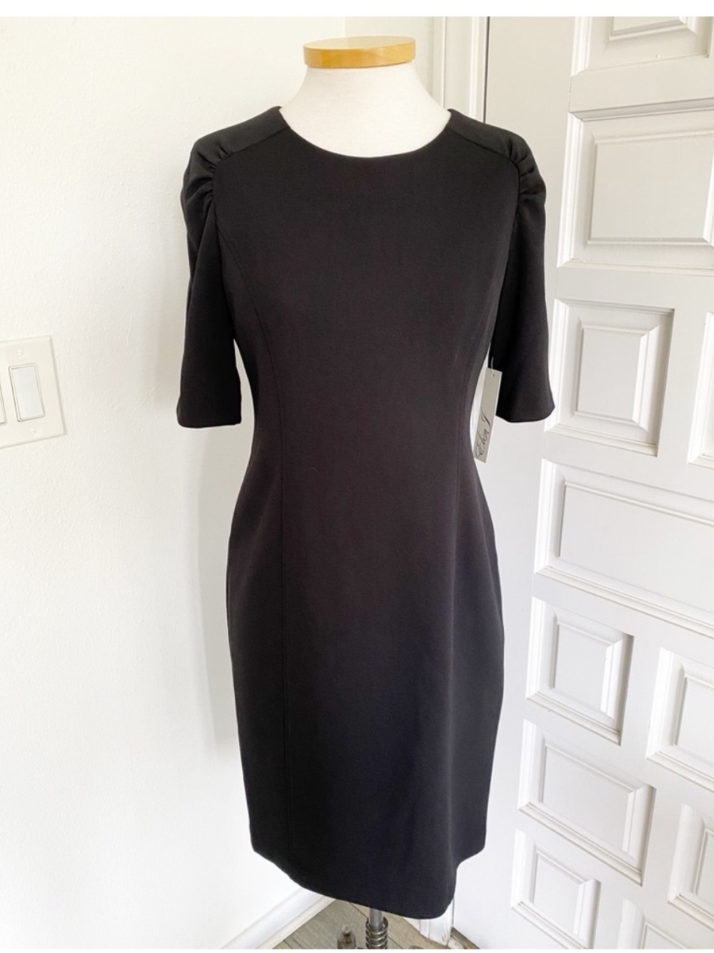 NWT Eliza J Classic Black Sheath Dress Half Sleeves Minimalist Size 8
